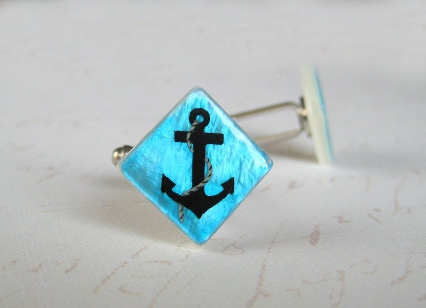 Father's day gift, Nautical Anchor Cufflinks handpainted, gift for dad, men accessories, cuff links, men jewelry, men gift