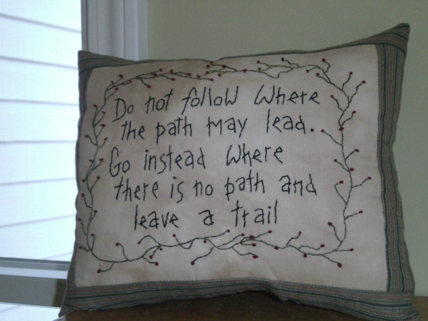 Pillow,Hand Embroidered, Primitive Style