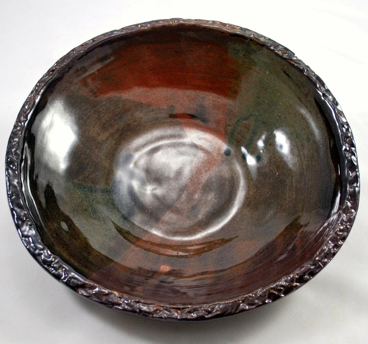 Primitive Looking Ceramic Bowl with Textured Rim, Hand Built Pottery