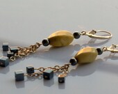 Artsy Beaded Earrings, Yellow Turquoise, Hematite and Sterling Silver Chain, Long Dangles