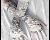 Gossip Society Arm Warmers - Victorian Newspaper Print - Ivory Cream Black & Lace - Gothic Steampunk Noir Yoga Romantic Lolita Goth Bohemian