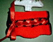 Red Fingerless Gloves -Knitted Corset Style with Black Edging and Satin Ribbon