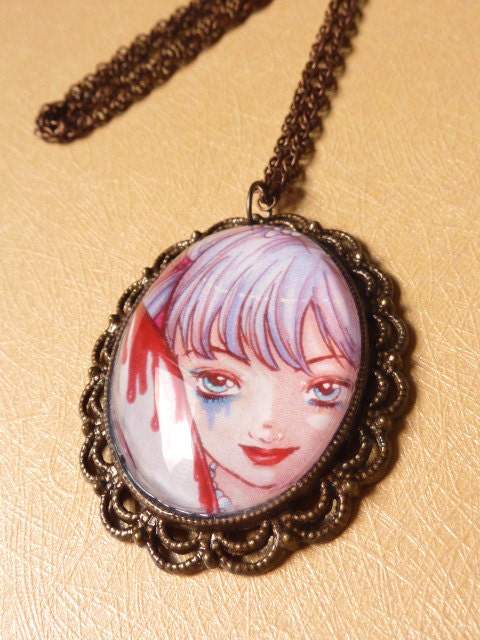 Art Glass Pendant Necklace - Icy Crimson, Ox-coppertone 24"