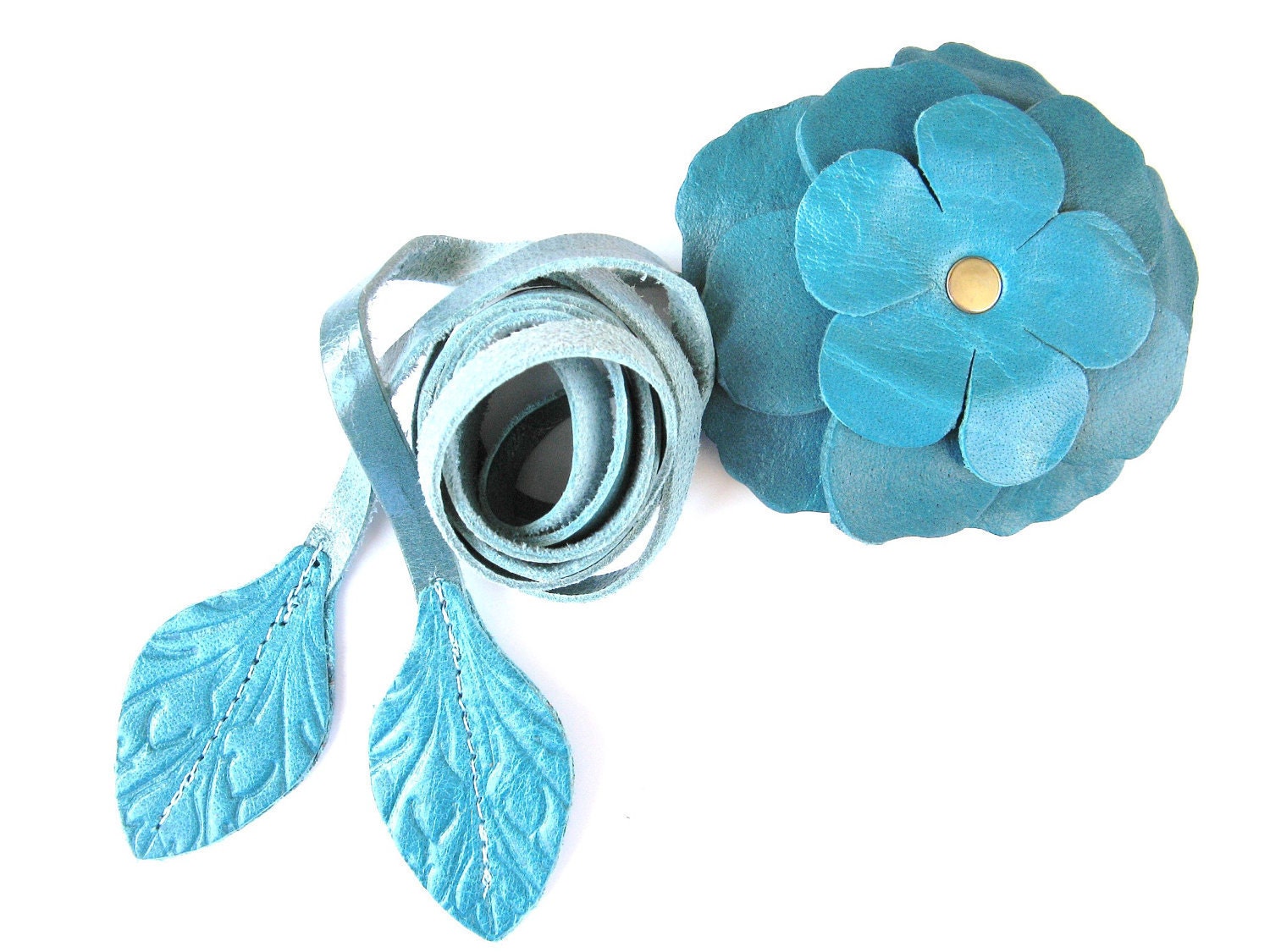 Free Shipping - BLOSSOM LEATHER BELT  - In Aqua Blue