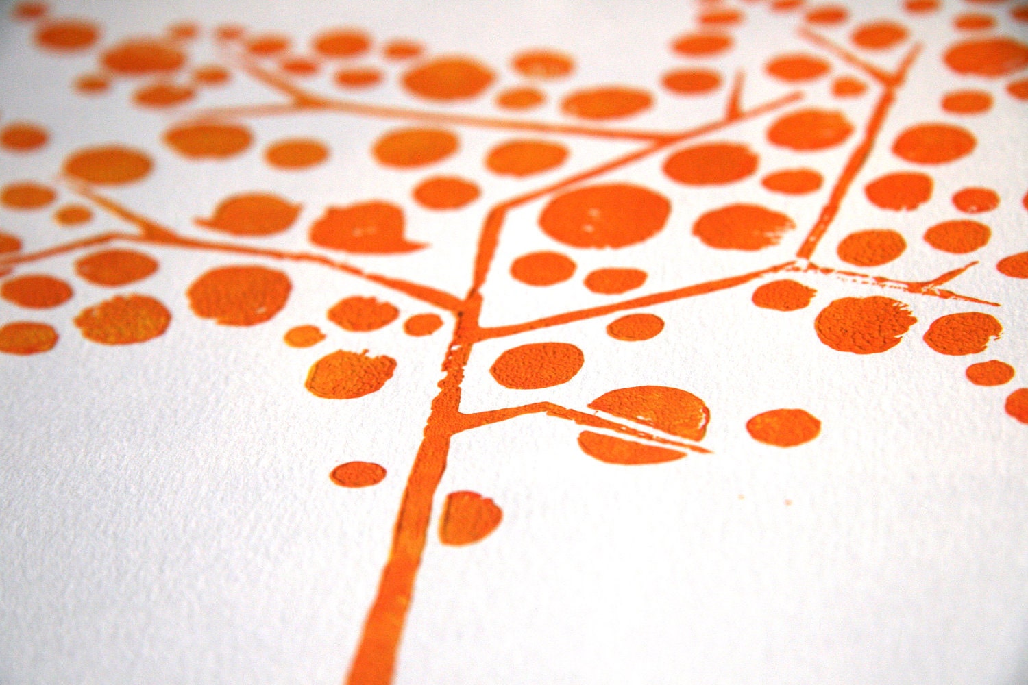 Linocut Print - The Love Birds in the Tree of Life -  Linoleum Art Print orange