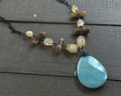 The Lake Path. Huge Amazonite briolette, Genuine Polished Citrine Nuggets and Twig wood