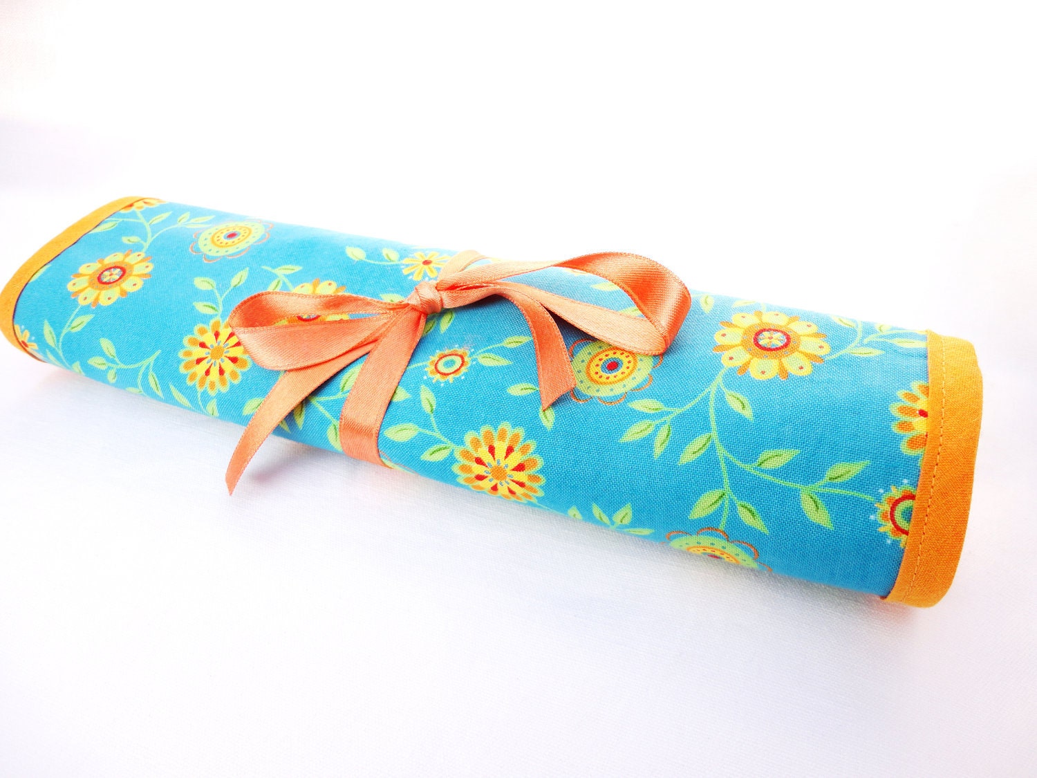 Fabric jewelry  roll case organizer with organza pockets. Orange flowers on blue backround. For all jewelry.