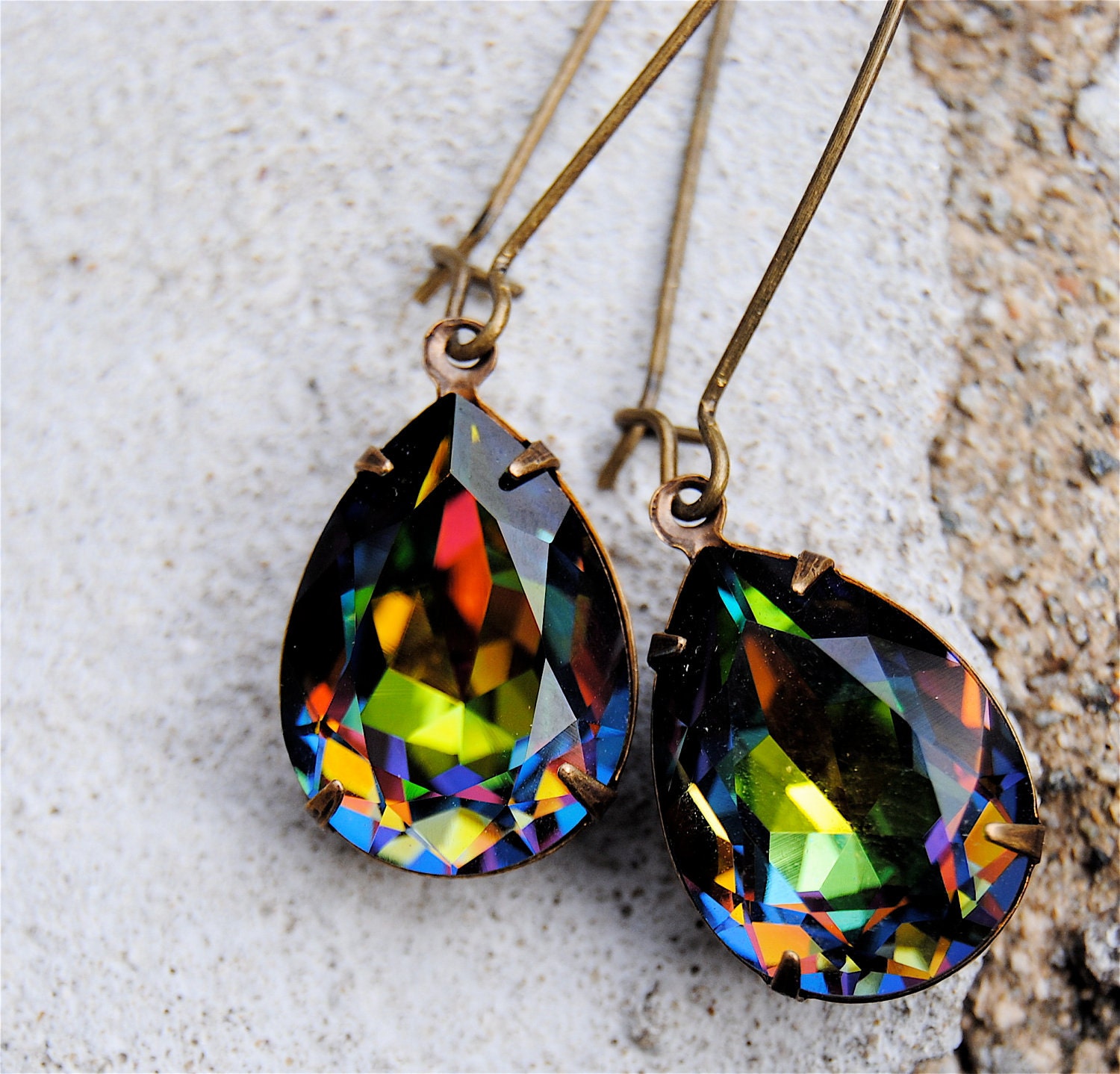Rainbow Earrings, RARE, Pear Earrings, Swarovksi Crystal Pear Dangle Earrings