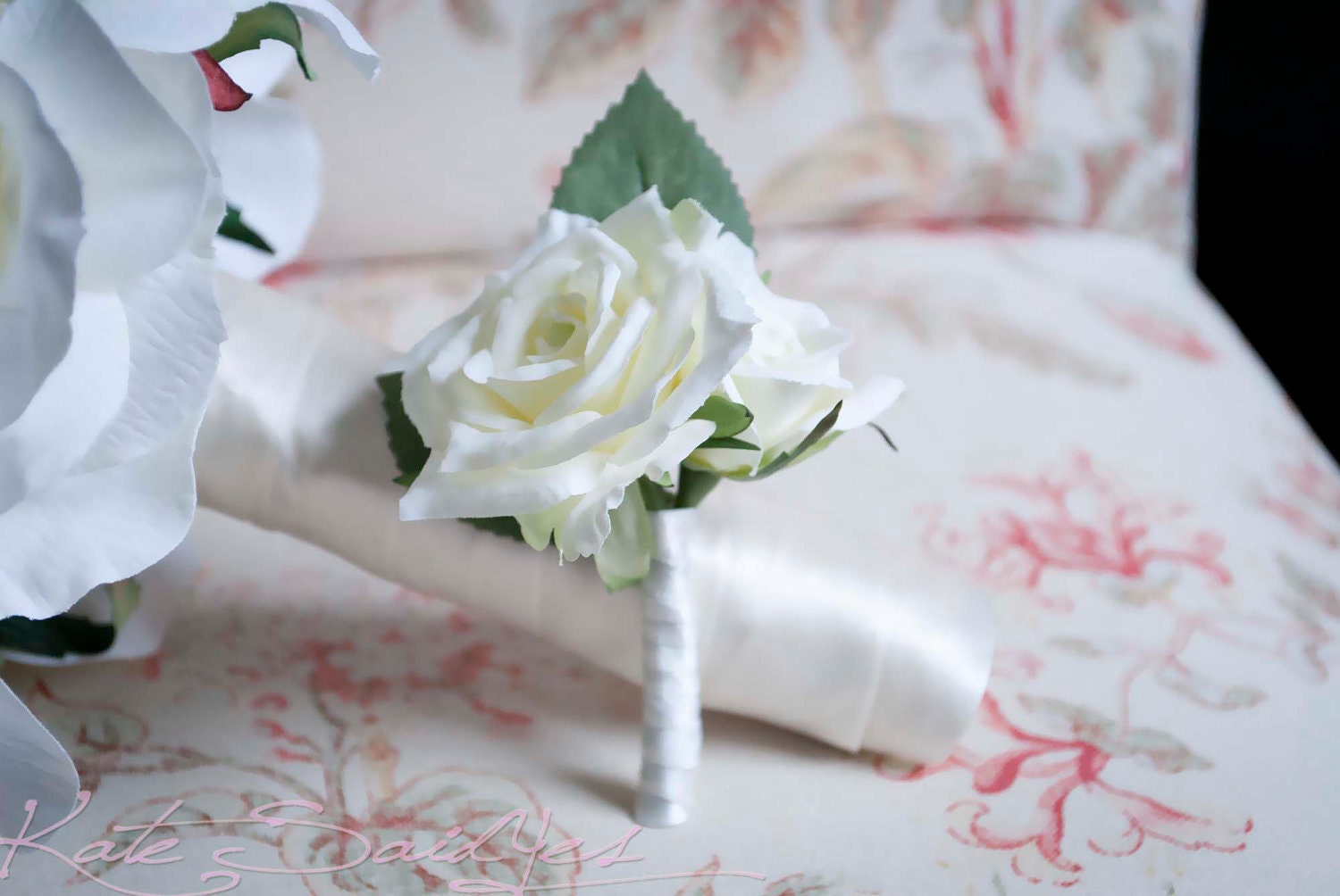 White Rose Silk Wedding Boutonniere - Rustic Wedding Boutonniere