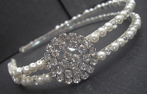 Side Tiara / Wedding Headband - Double Band Pearl and Diamante / Rhinestone