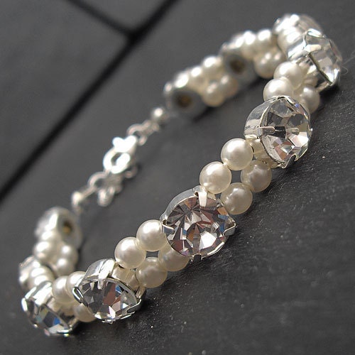 Wedding Bracelet - Ivory Pearl and Clear Diamante (rhinestone) Crystals, Bridal / Bridesmaids