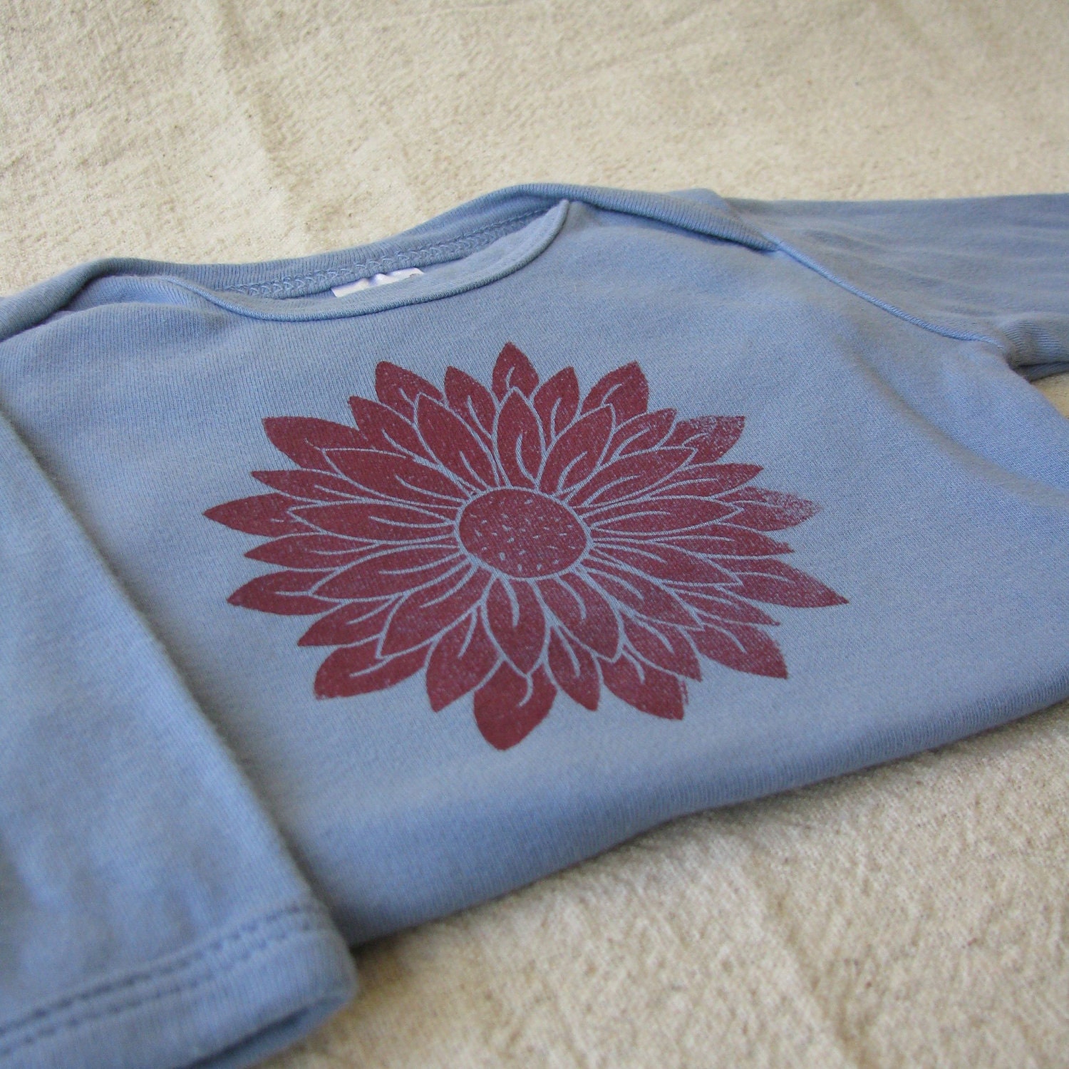 Lino Cut Flower Long Sleeve Tshirt,  Hand-Dyed, Hand-Printed, 3-6 Month Size