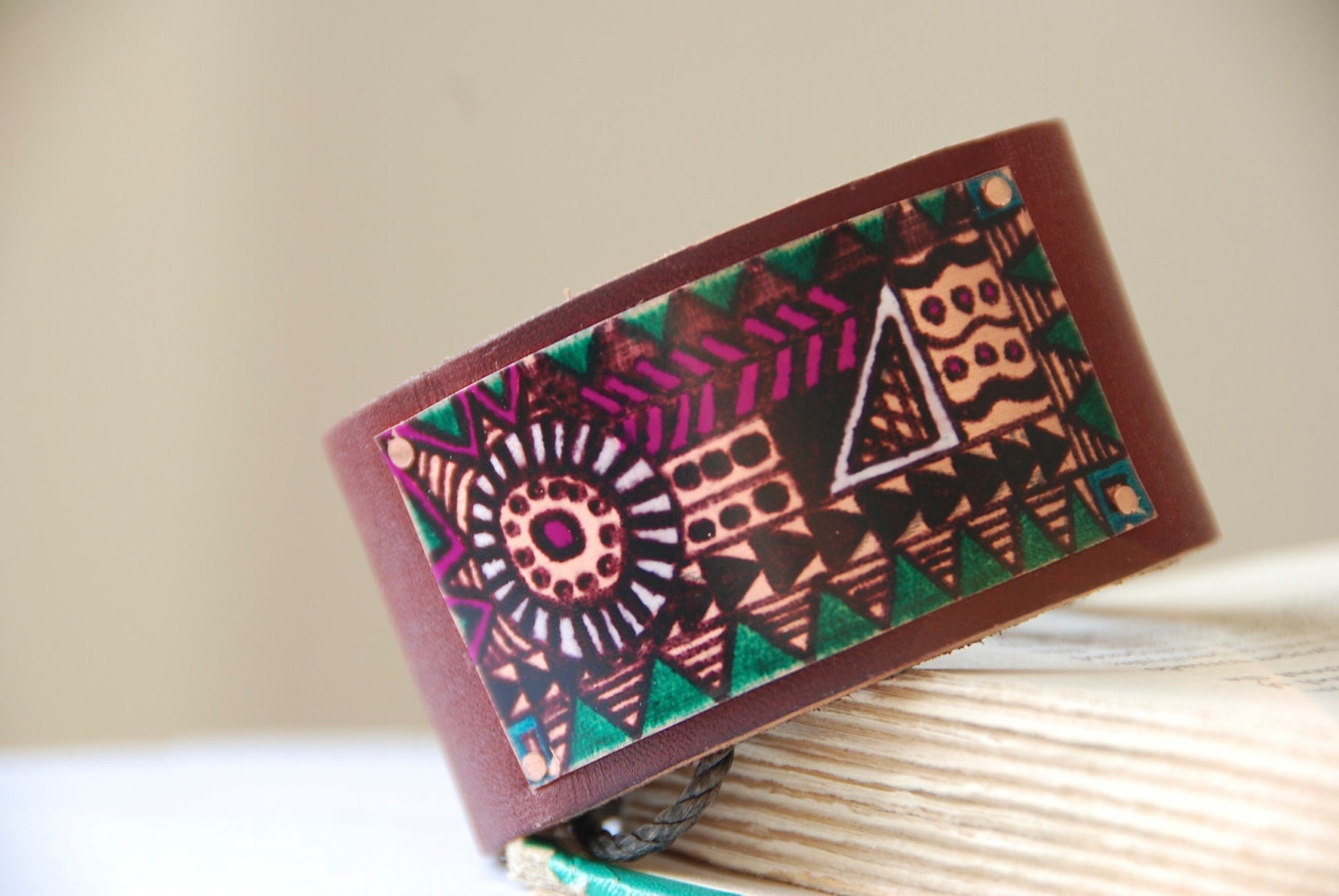 Abstract Bracelet Geometric Pattern On Copper And Leather Cuff
