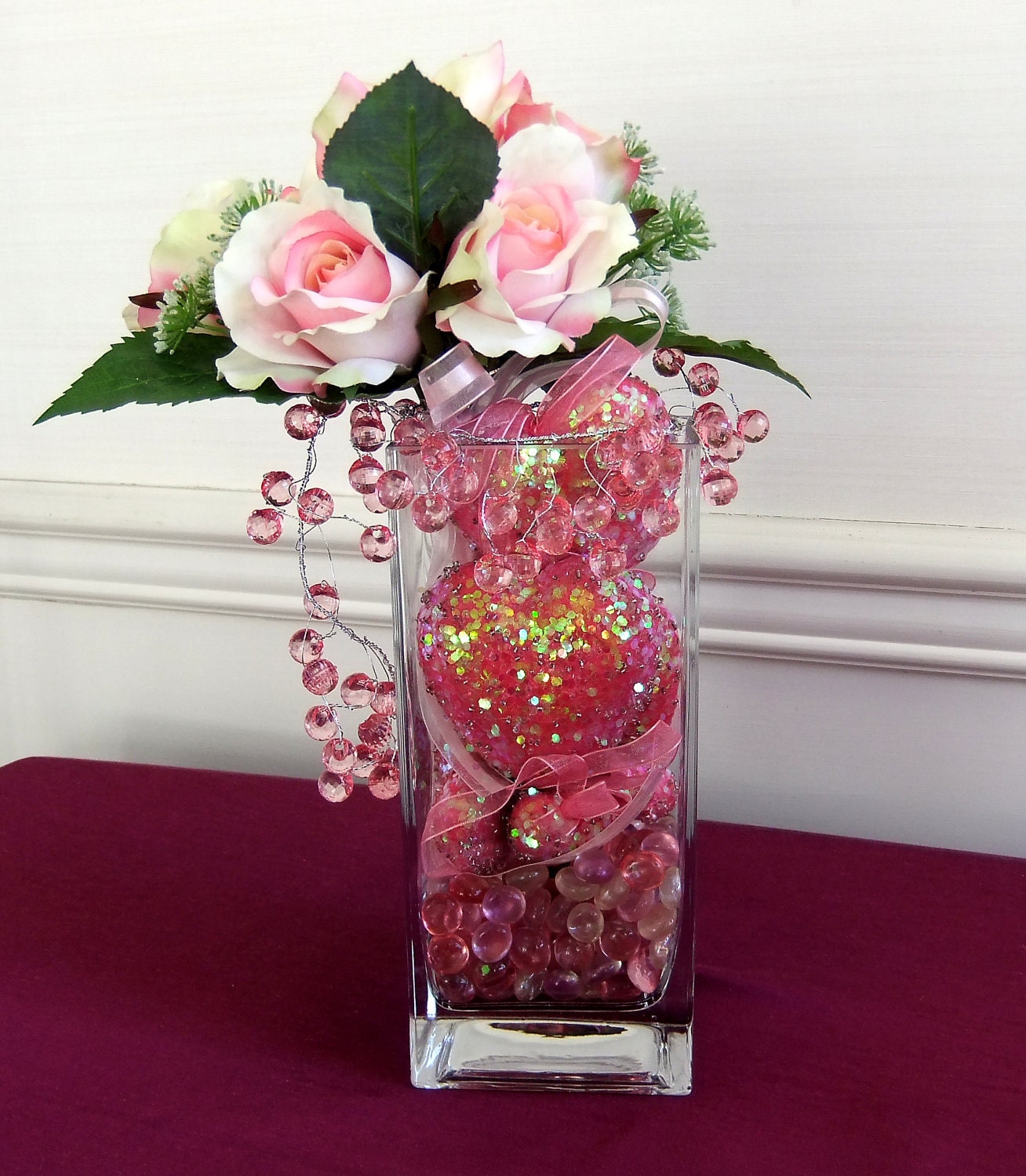 Hearts and Roses Floral Arrangement with Beaded Garland