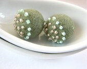 Set of 2 asparagus felted round wool beads decorated with seed beads