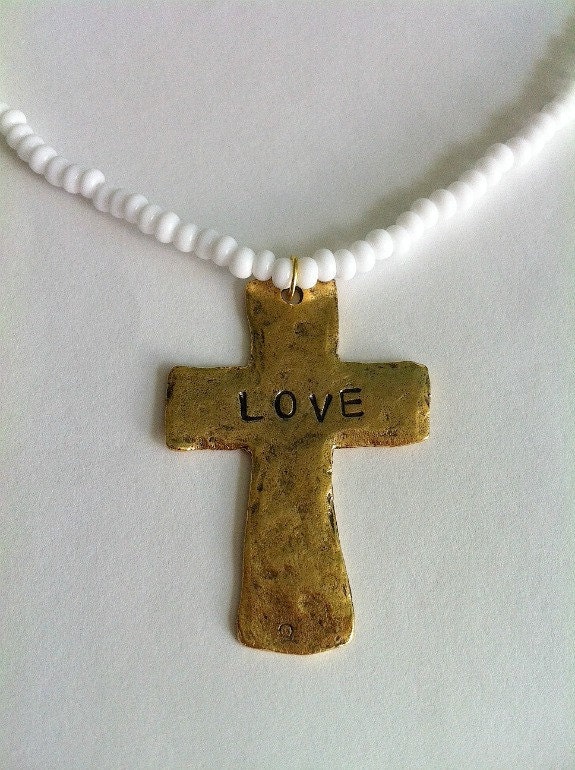 Hand-Stamped Love Gold Cross Necklace