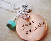 Just breathe copper handstamped necklace with peruvian blue opals and hibiscus charm