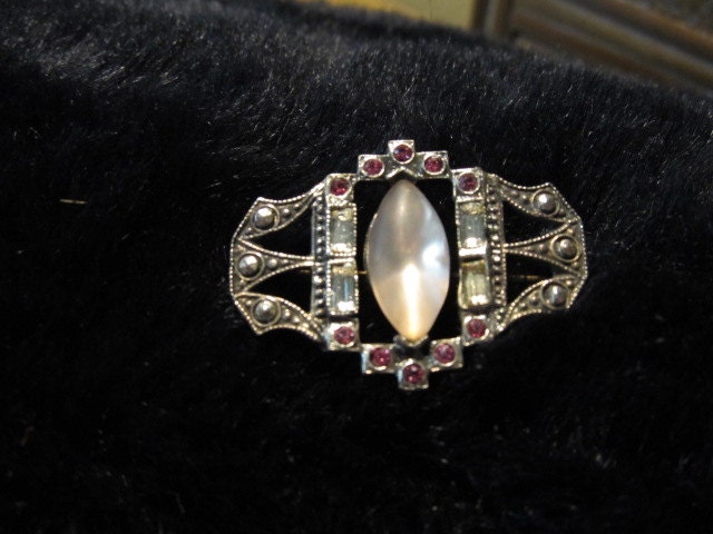 Brooch Art Deco Inspired with Marcasite and  Pink Rhinestones