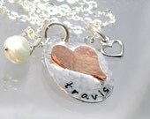 Sterling Silver Oval disc - Soldered small Artsy heart - Handstamped Mommy Necklace - Custom handstamped necklace - Cable chain