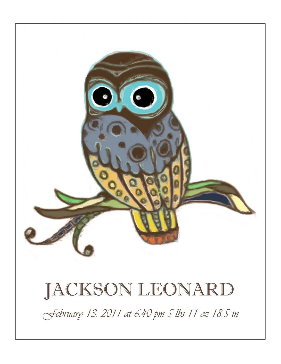 Owl  - Boy Birth Announcement - Art Print 8x10