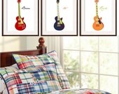 Guitar Prints Nursery -Toddler Wall Art in navy red orange yellow blue 3 pc 11x14 Matches Pottery Barn Madras bedding. By YassisPlace.