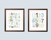 16x20 Alphabet and Numbers 2 pc Modern Children's Art in green, brown, tan and blue
