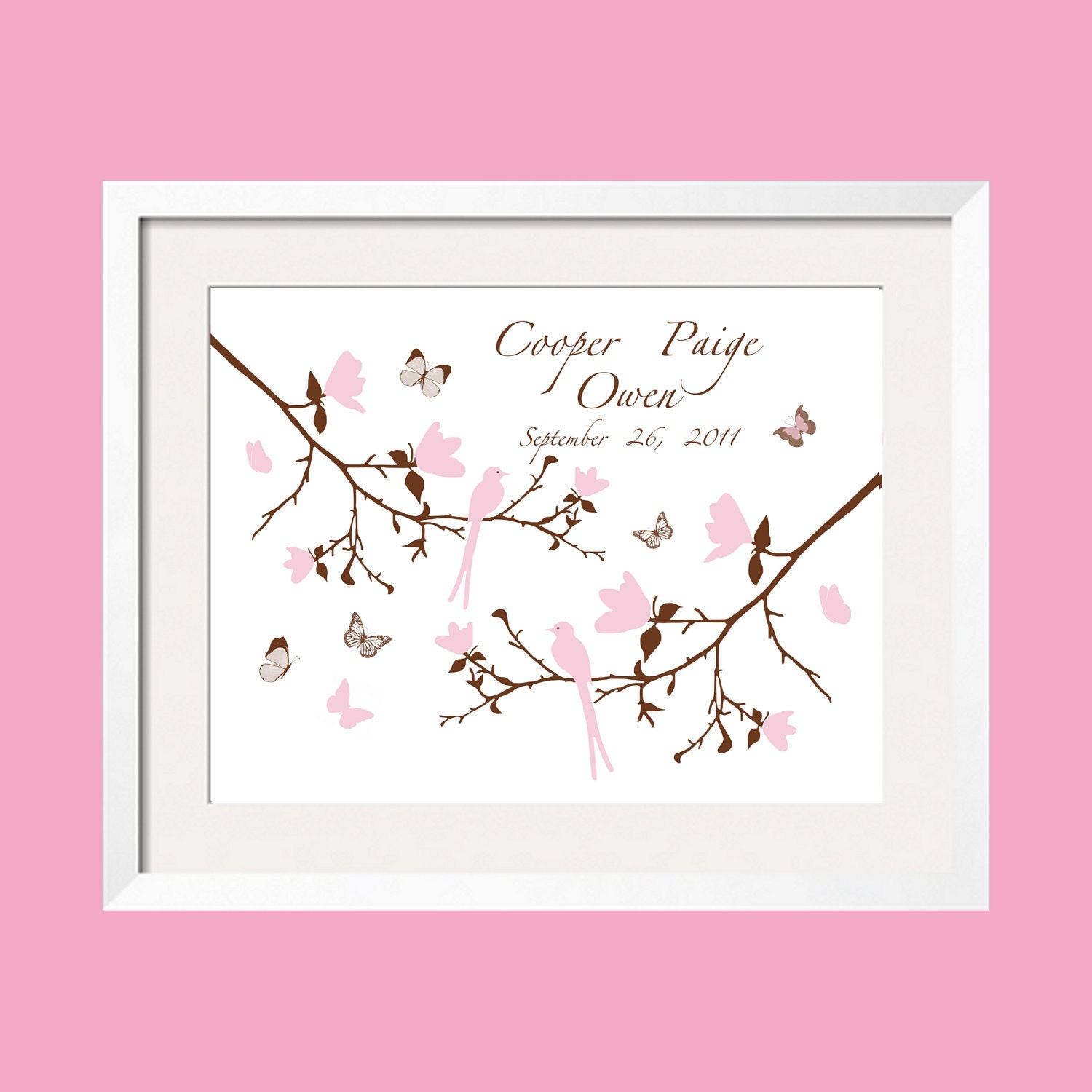 Pink and Brown birds on magnolia branches, 8x10 art print, customized options free of charge.