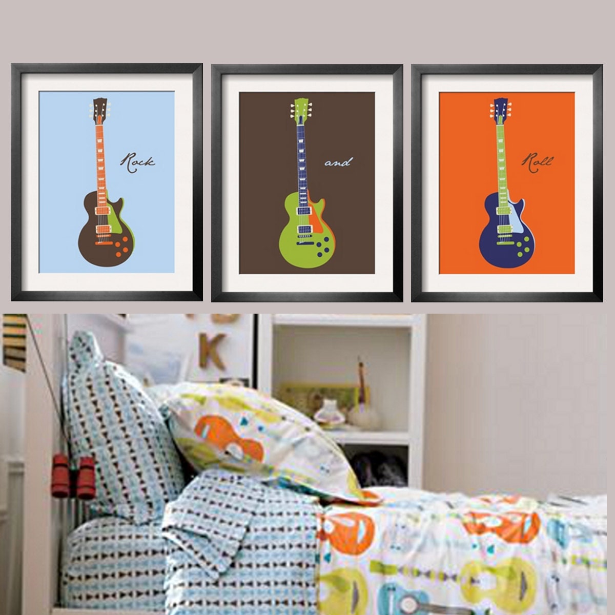Guitar Art, Children's wall art in blue, brown, orange and  lime green 3 pc set 8X10 by Yassisplace.etsy.com