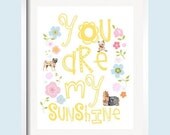 You Are My Sunshine Art Print with flowers and puppies for a girl's nursery or playroom 8x10 Pug and Yorkie in pink, blue, yellow green