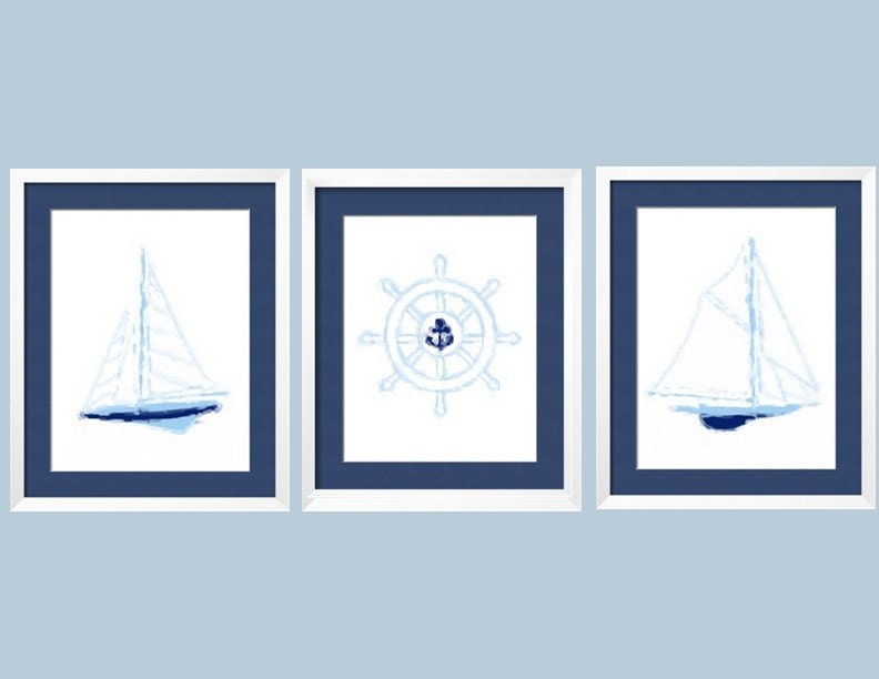 Sailboats and ship's wheel Modern Nautical Wall Art for Nursery 8"x10" - 3 pc Set by YassisPlace