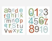 Alphabet and Numbers 16x20 2 pc Modern Children's Art in green, brown, gray blue and orange coordinates with Transportation Bedding