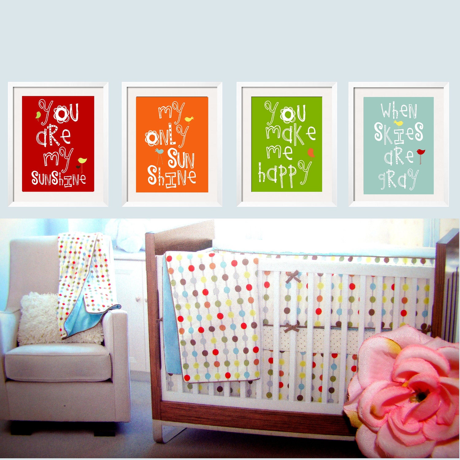 You Are My Sunshine Prints - with Birds 4 pc Set 11x14 in  Customize your colors by YassisPlace