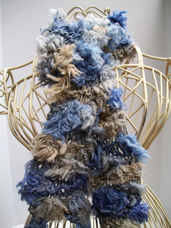 Perwinkle Blue  and Tan One of a Kind Hand Knit Scarf - Spring & Summer Fashion Accessory - Ready to Ship