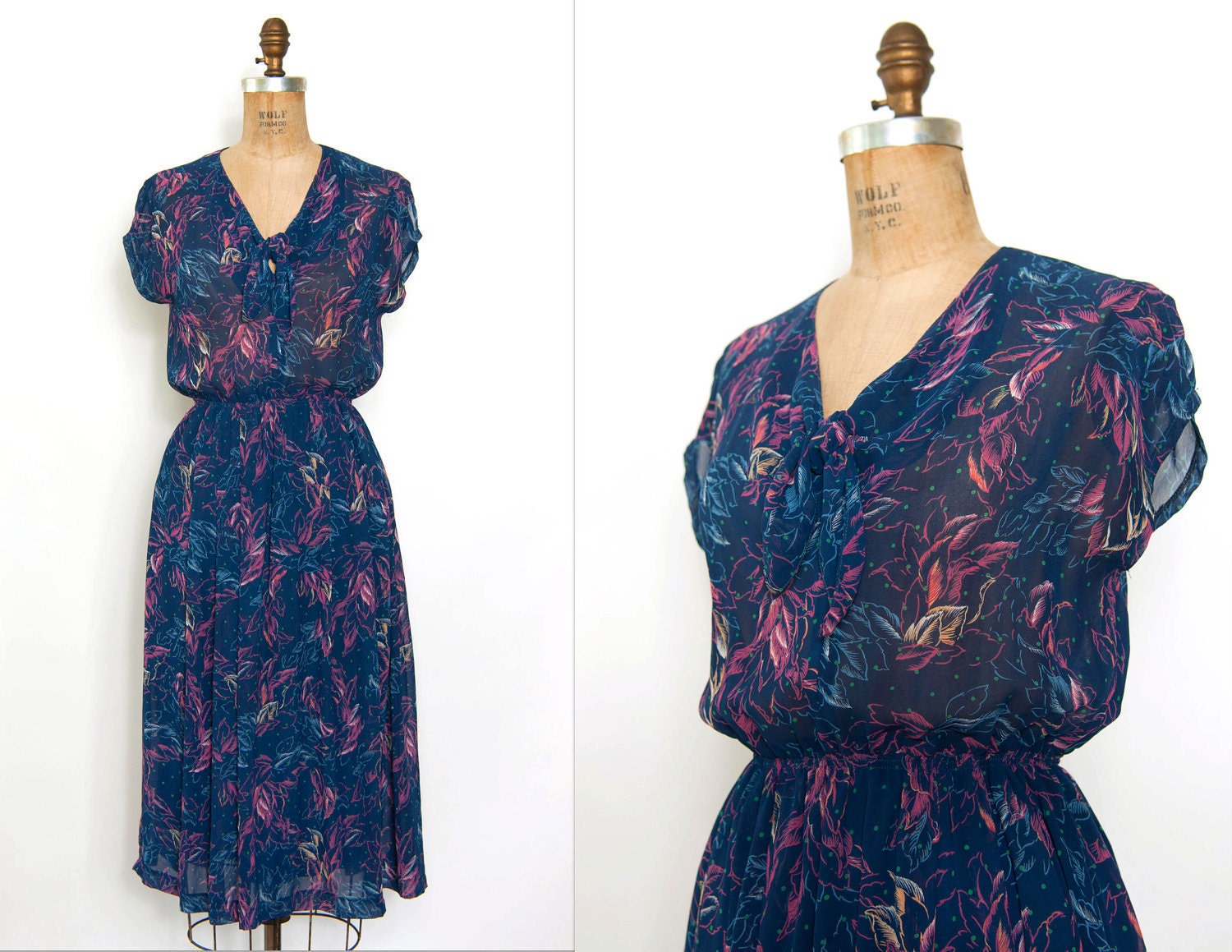 vintage 1970s dress / 70s dress -- polka dots & blue floral print (small)