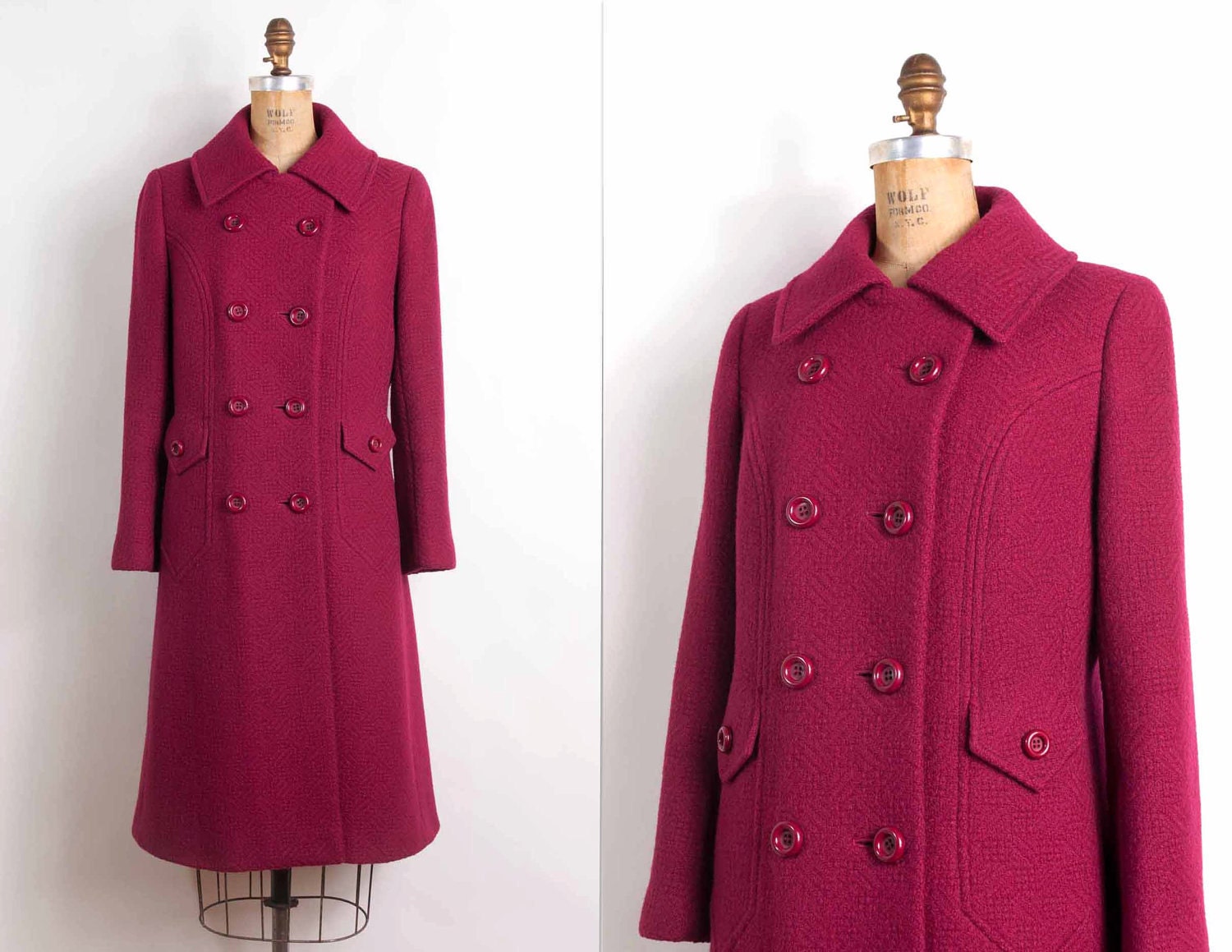 vintage 1960s coat  / 60s rasperry pink wool double breasted coat (small - medium)