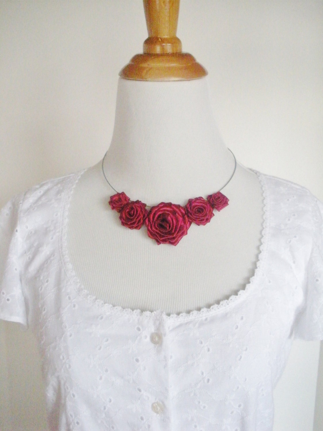 Garnet Red Rose Ribbon Necklace