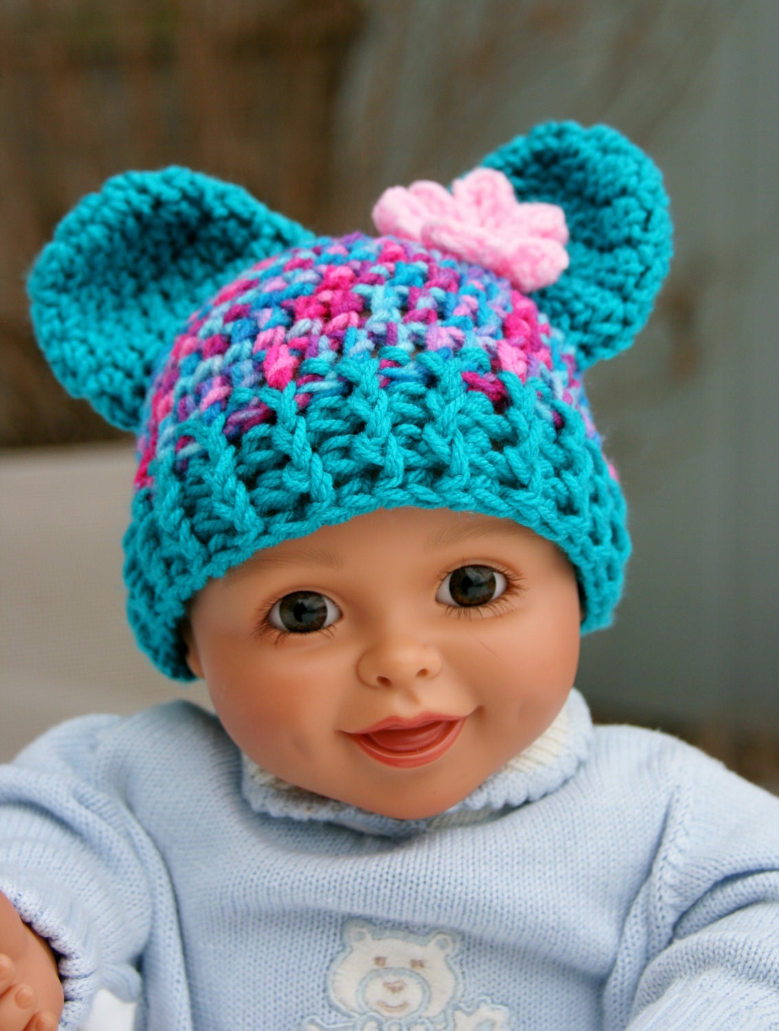 Baby girl bear hat crochet in newborn size pink, teal blue, aqua with flower
