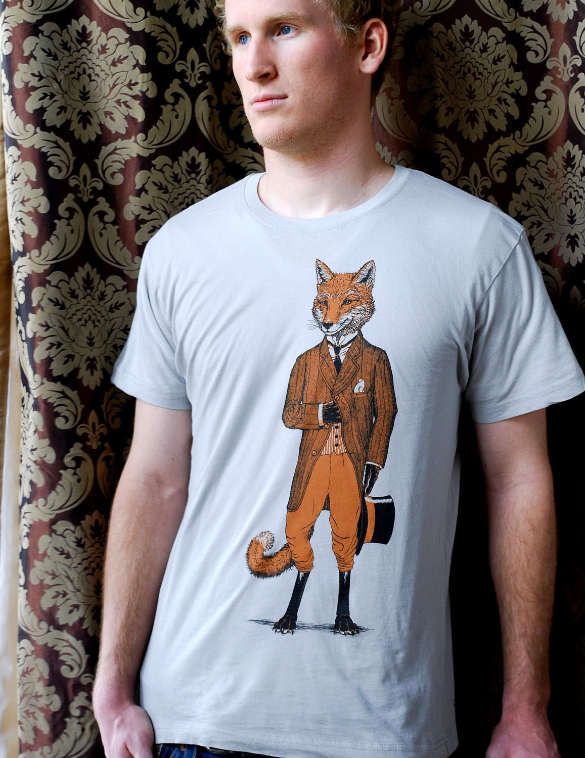 Dapper Fox Tshirt on silver - Men's animal shirt in S M L XL 2X 3X
