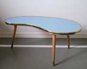 Vintage Mid Century Plant Stand / Tripod End Table - Modern Googie Atomic Boomerang, Blue with Pencil Legs