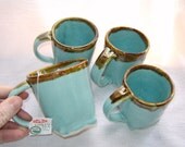 Robins Egg Blue Mug Set of 4 with Brown Rim