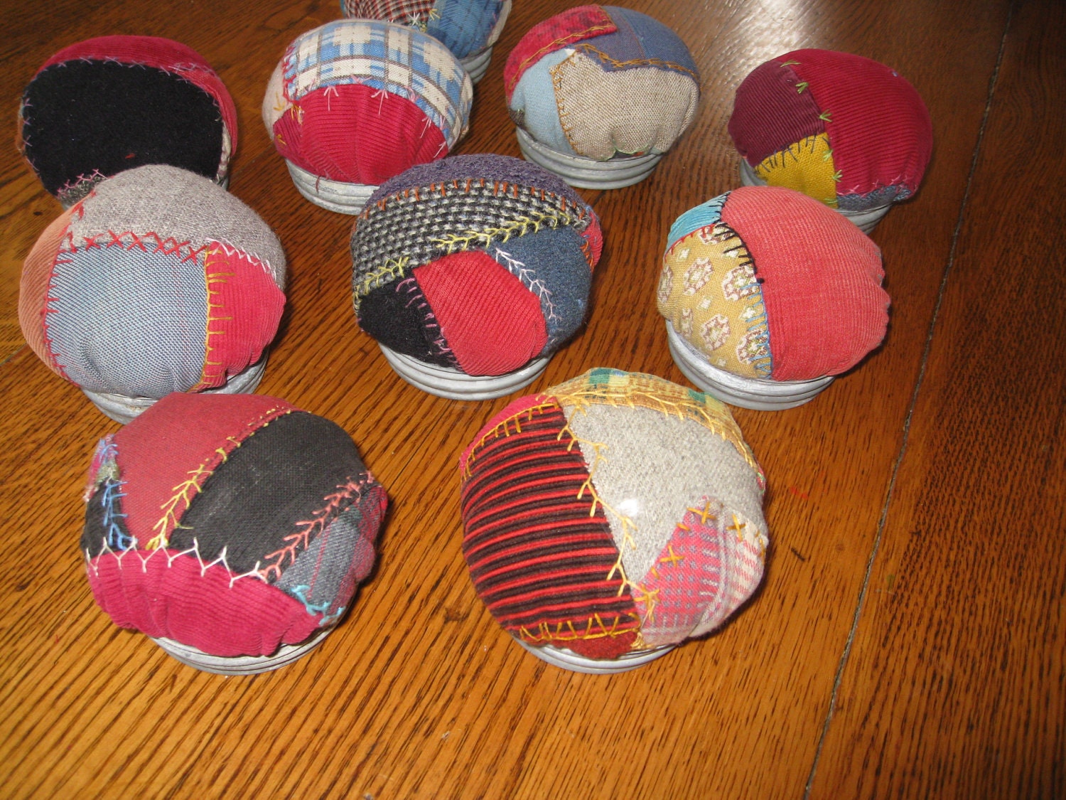 Vintage Pincushions Wholesale Feather Stitched Quilt Lot 10 Zinc Lids Handmade Upcycled