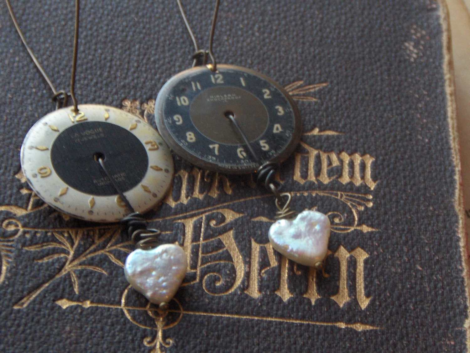 The Waiting. Vintage Watch Face and Heart shaped Biwa pearls