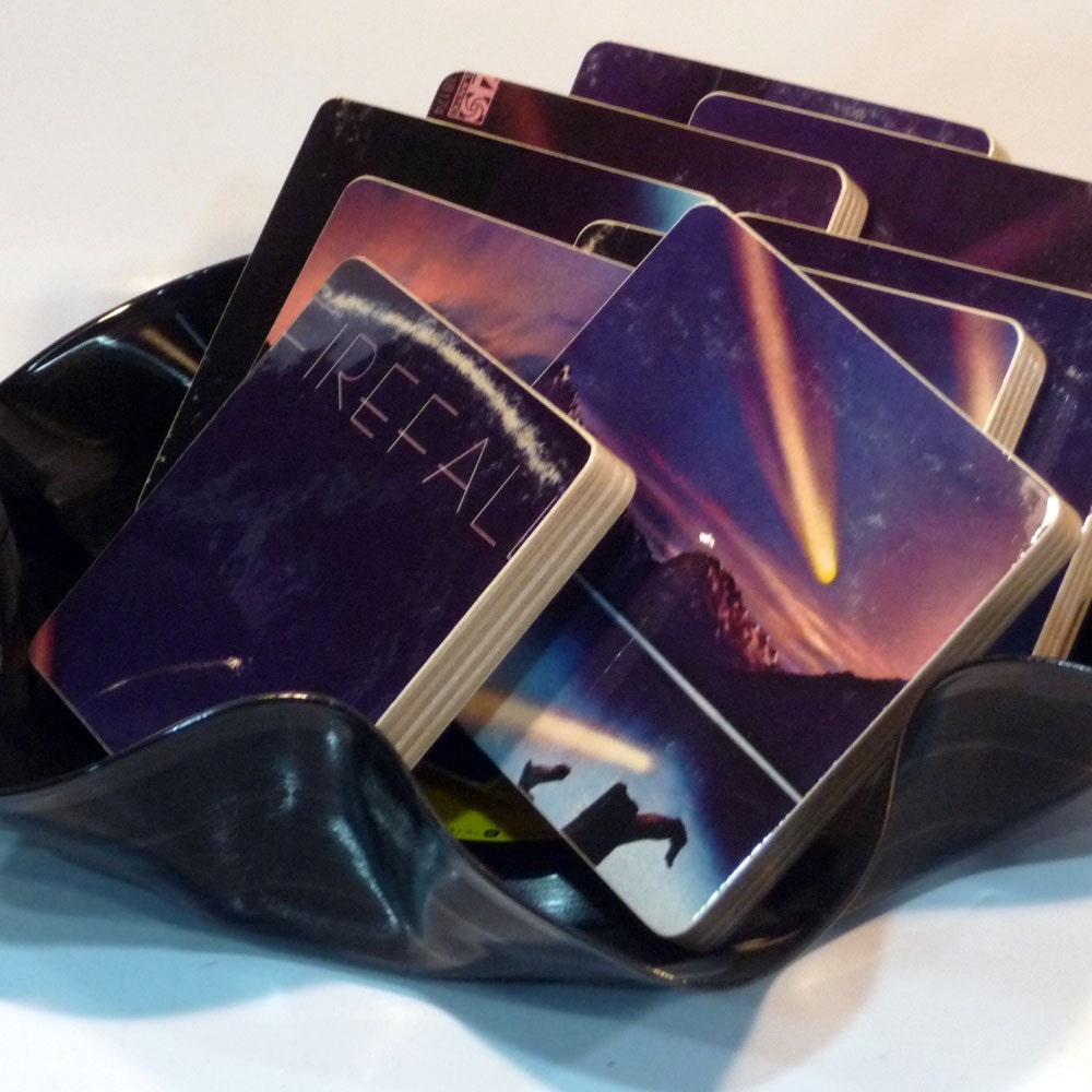 FIREFALL Record Coasters with Warped Vinyl Bowl Recylced Record Album Coaster Set
