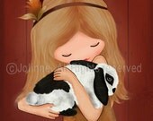 Art print, children room decor, baby nursery art, girl and bunny rabbit, emotional wall art, children wall hanging