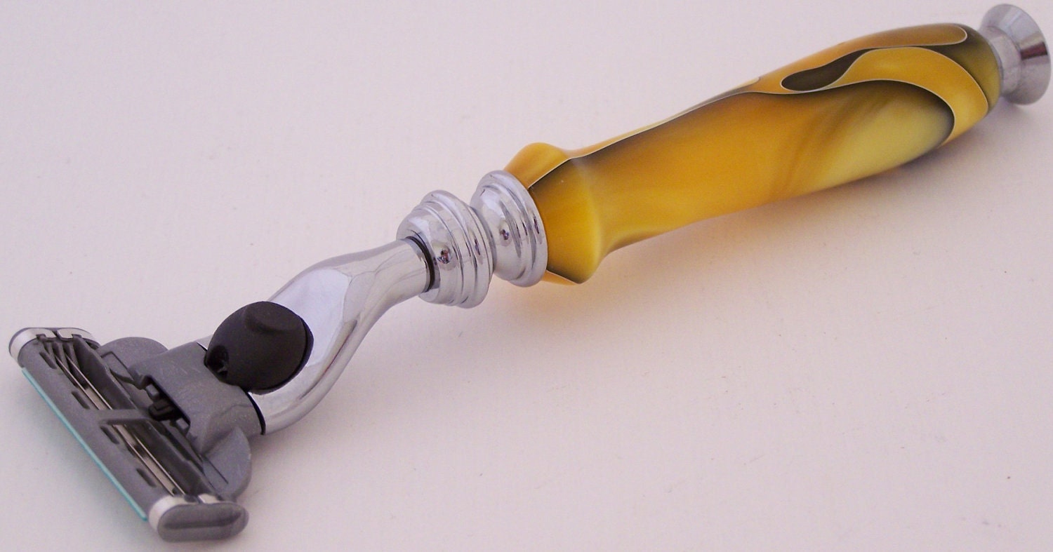 Orange/Yellow Swirl Acrylic Mach 3 Razor Shaving Handle (Handmade in USA)