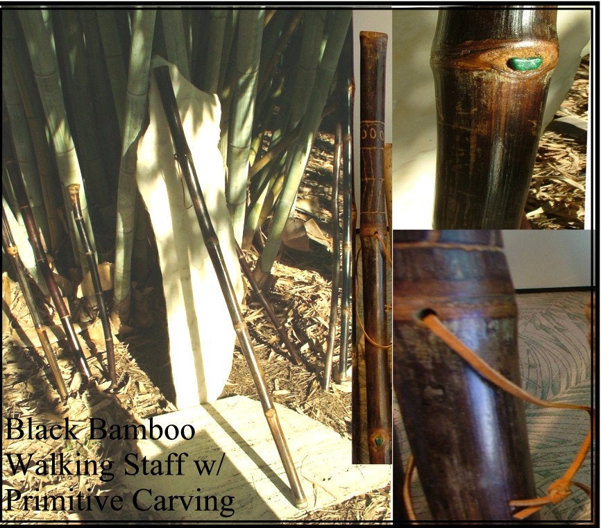 Black Bamboo Walking Staff w/ Primitive Carving