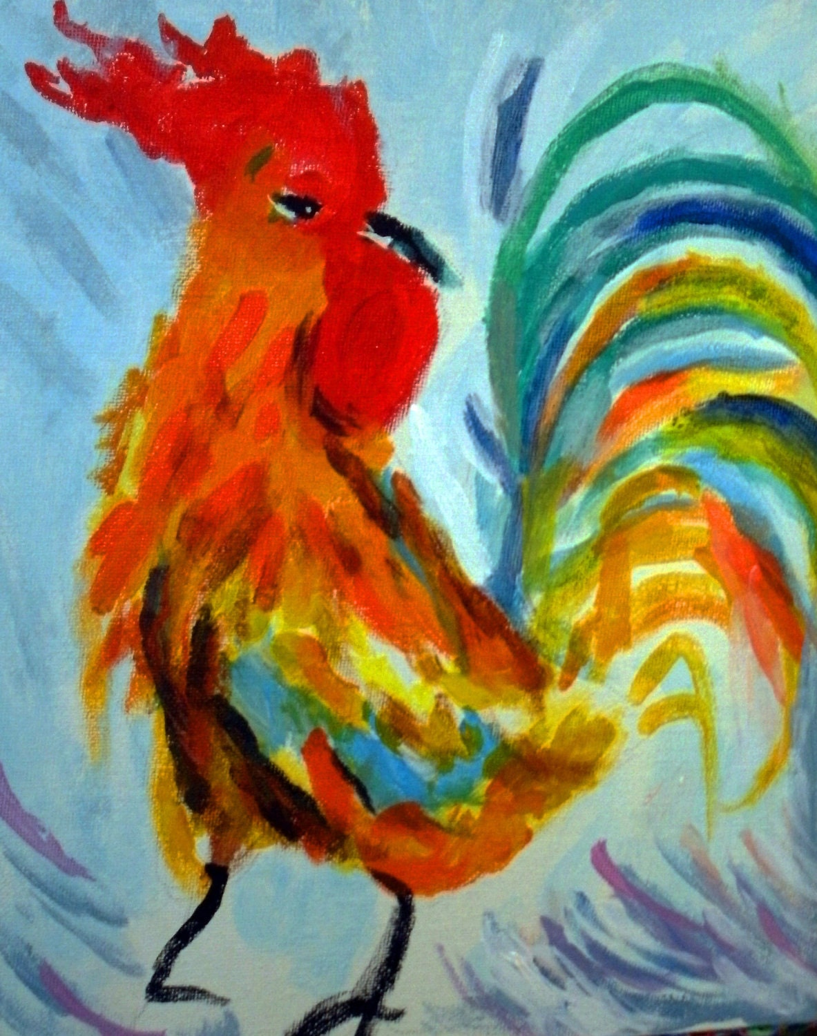 A colorful rooster on canvas board  8X10  reserved for Denise
