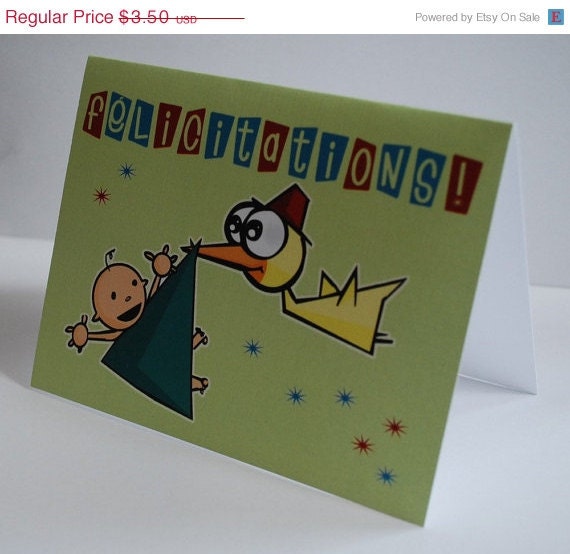 50% OFF LIQUIDATION Congratulations Felicitations Stork New Baby Birth Greeting Card Carte de Souhait
