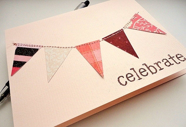 CELEBRATE Bunting Flag Banner Greeting Card, Blank Inside, Peach Pink, Brown, Sewn Thread, Stamp Embossed, Glitter, Spring Pastel - stephanieh02