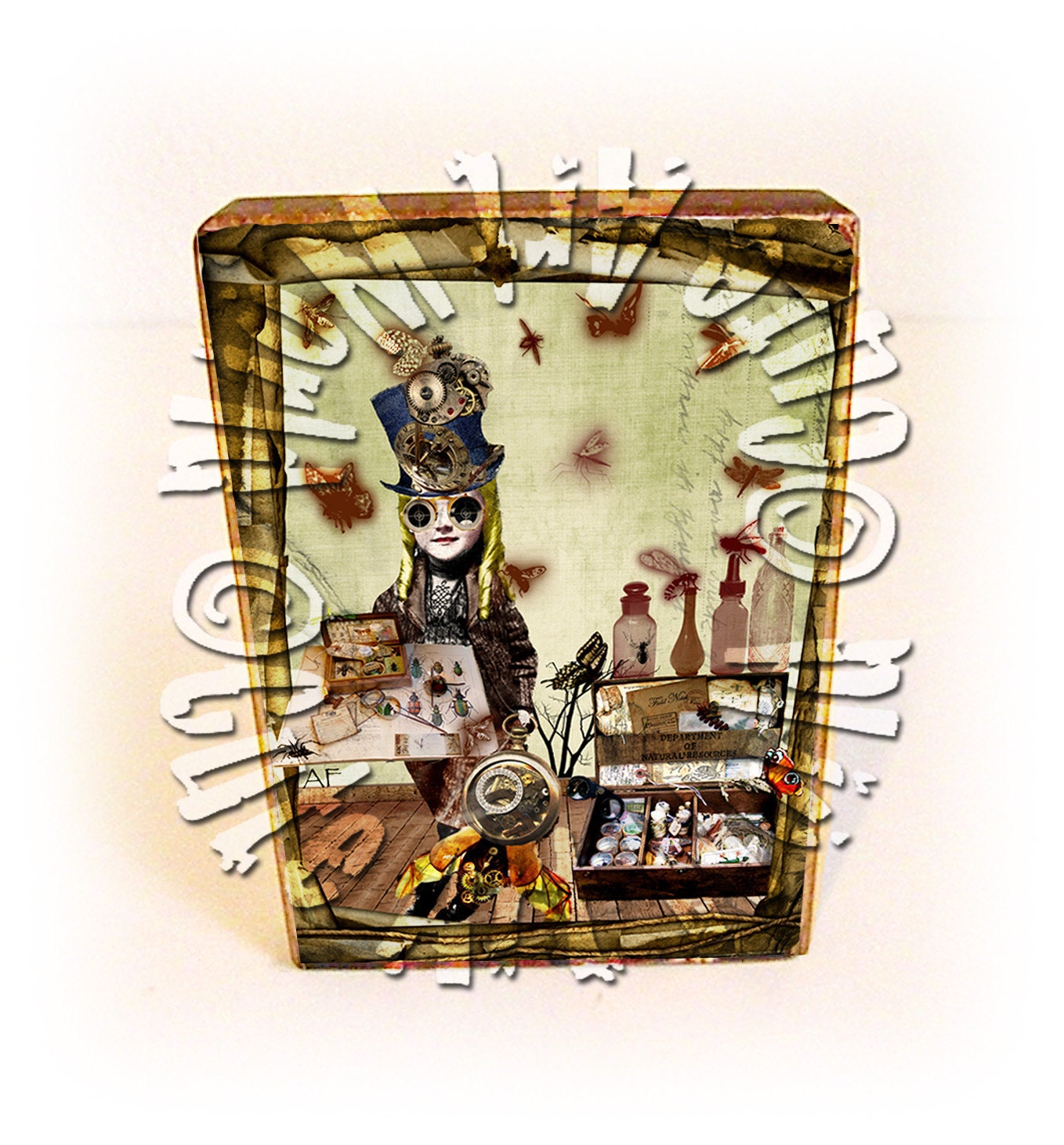 ATC ACEO Wooden Block Shelf Sitter Wall Hanging Handmade Decoration Steampunk The Insect Collector Collage Mixed Media Art